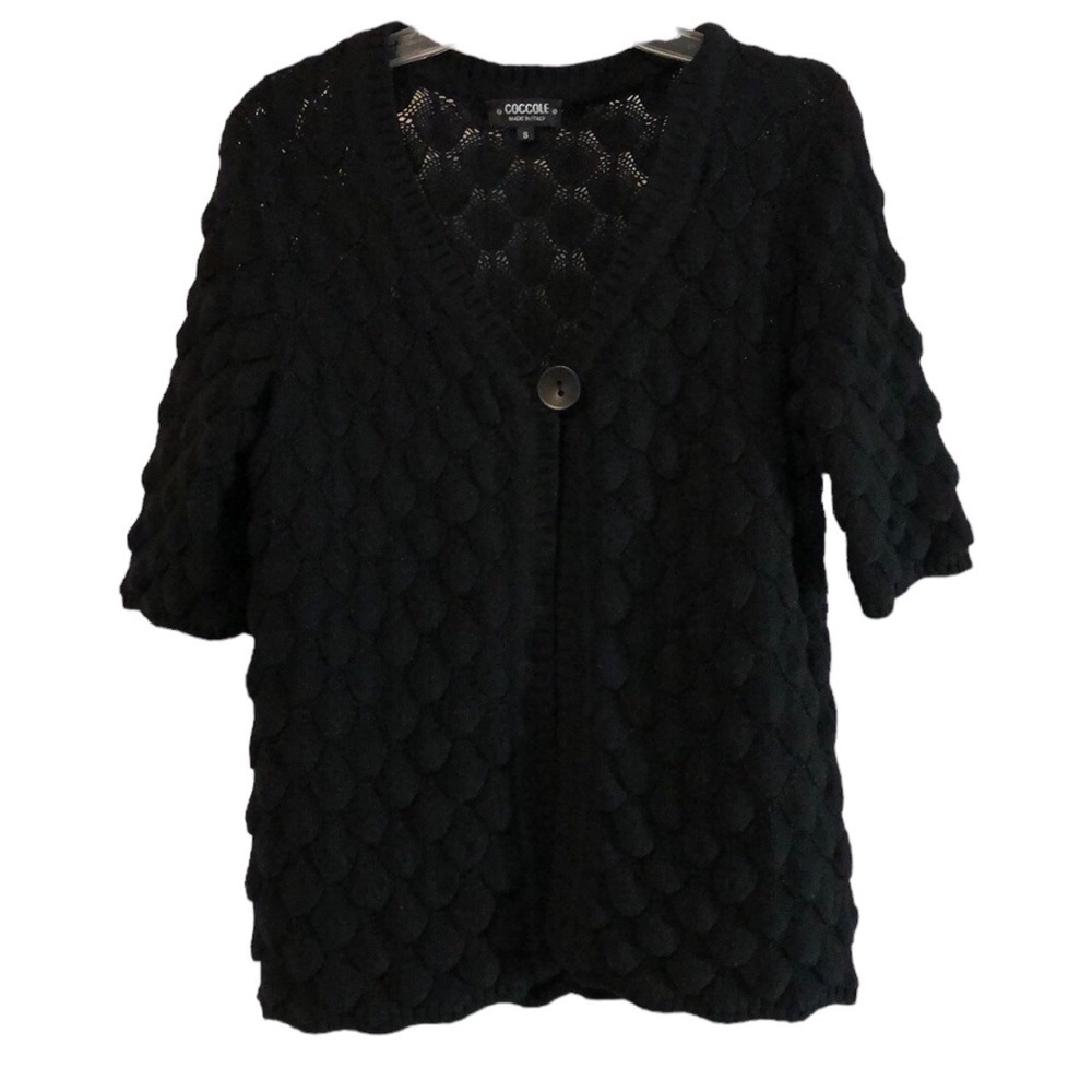 Coccole Womens Short Sleeve Cardigan Sz S Black Scalloped Knit Merino Wool Blend